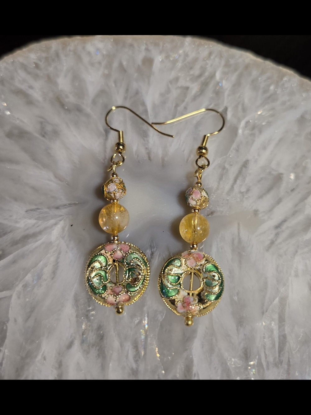 Gold Cloisonné Drop Earrings with Citrine